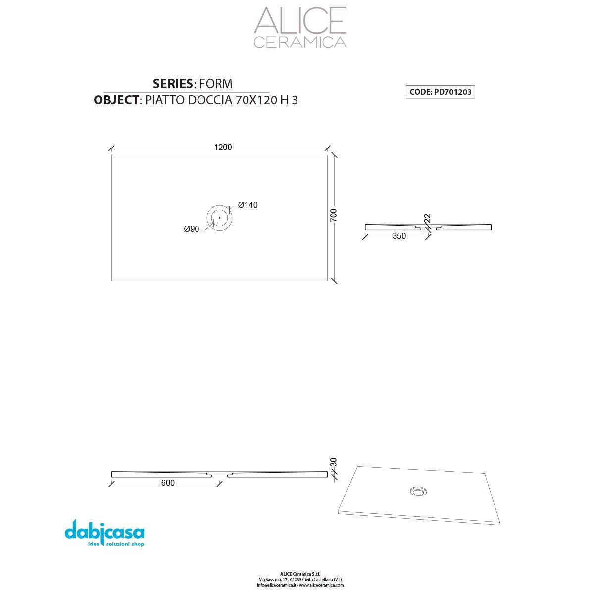 Piatto Doccia Alice Ceramica "Serie Form" 70x120 cm h 3 Colore Nero Opaco freeshipping - Dabicasa