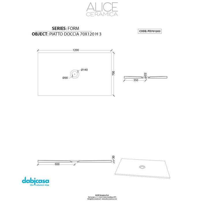 Piatto Doccia Alice Ceramica "Serie Form" 70x120 cm h 3 Colore Nero Opaco freeshipping - Dabicasa