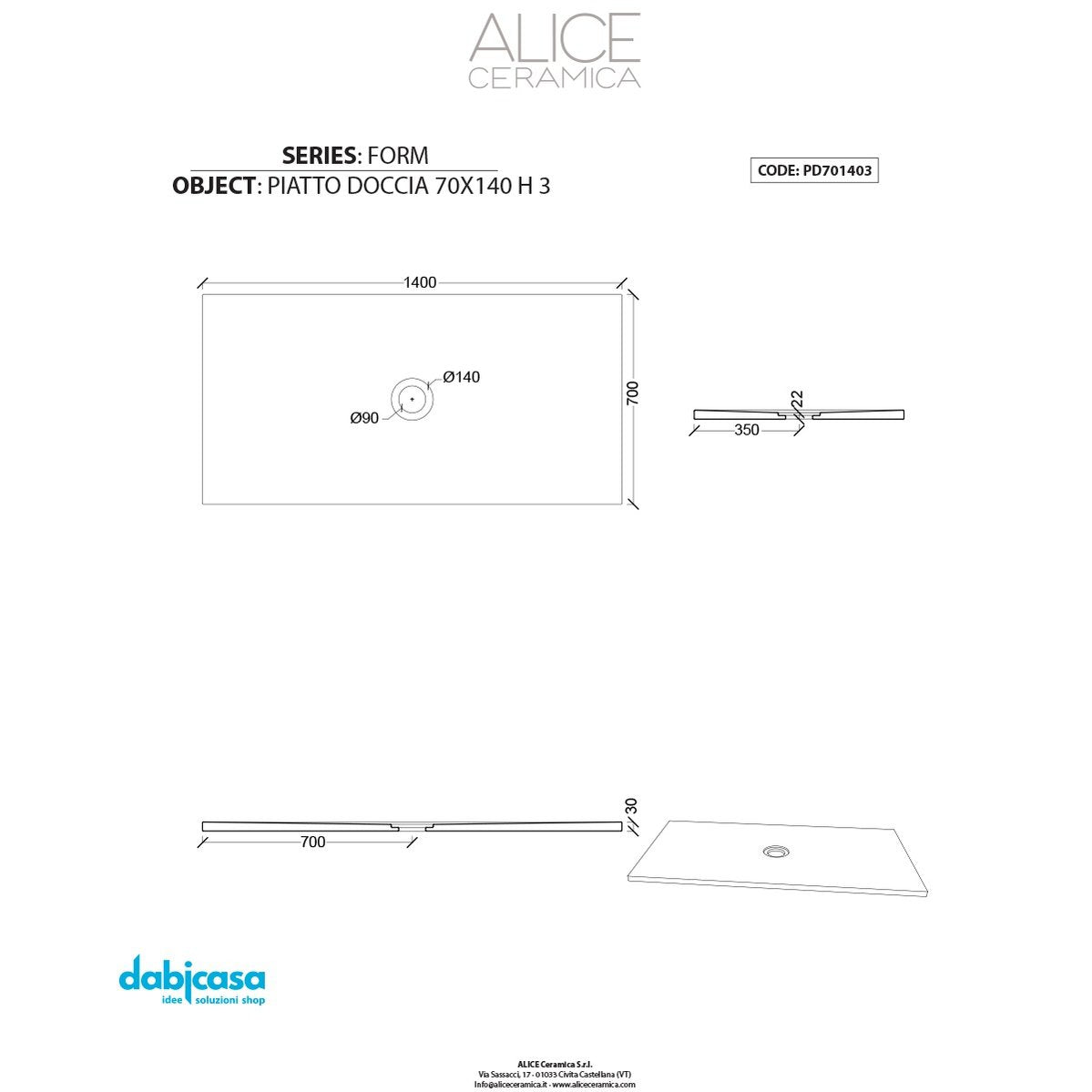 Piatto Doccia Alice Ceramica "Serie Form" 70x140 cm h 3 Colore Nero Opaco freeshipping - Dabicasa