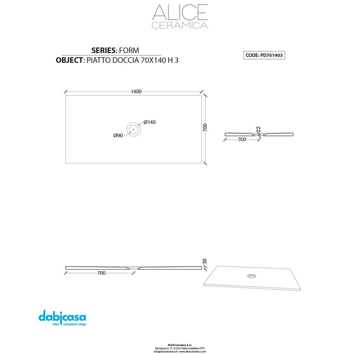 Piatto Doccia Alice Ceramica "Serie Form" 70x140 cm 3H Colore Bianco Lucido freeshipping - Dabicasa
