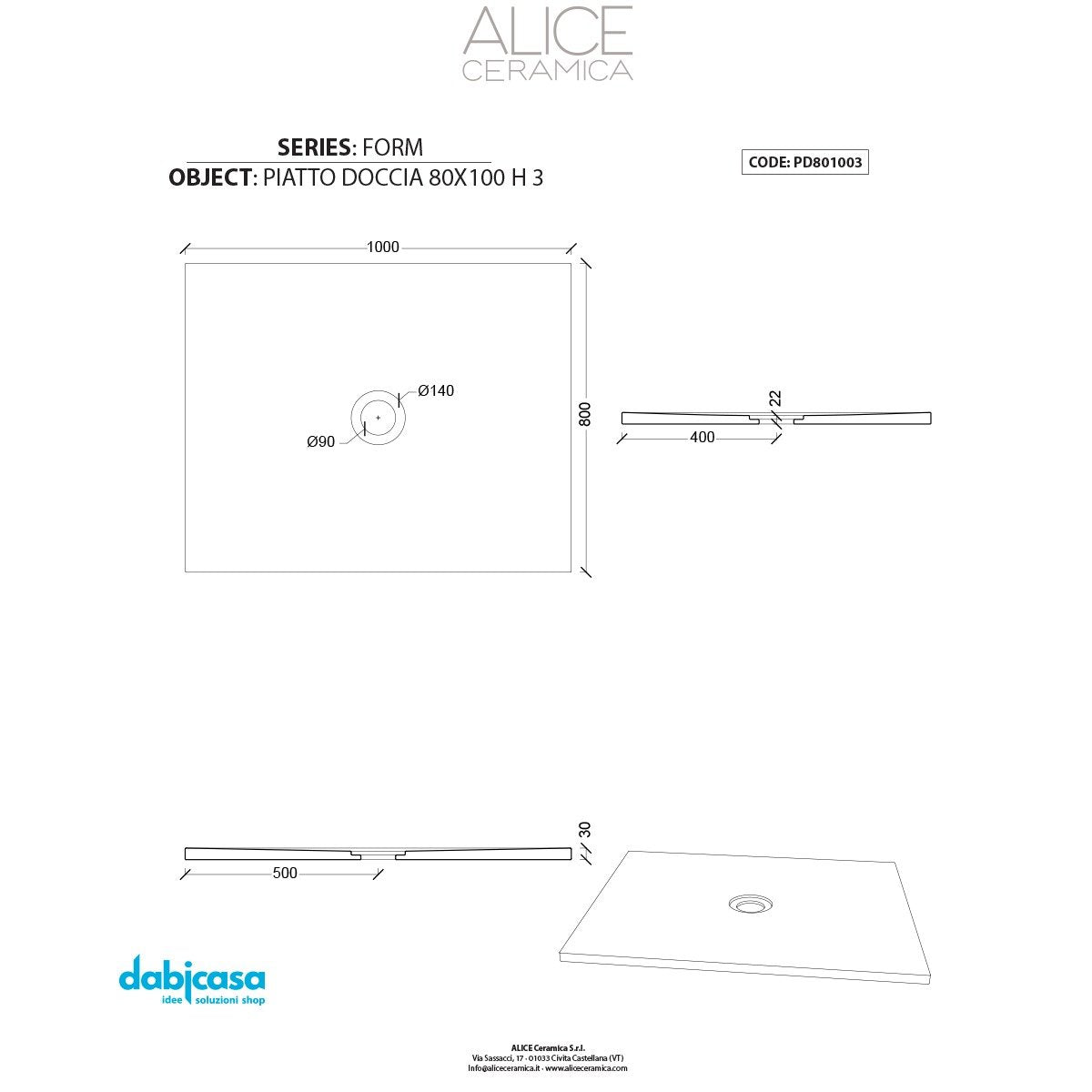 Piatto Doccia Alice Ceramica "Serie Form" 80x100 cm h 3 Colore Antracite freeshipping - Dabicasa