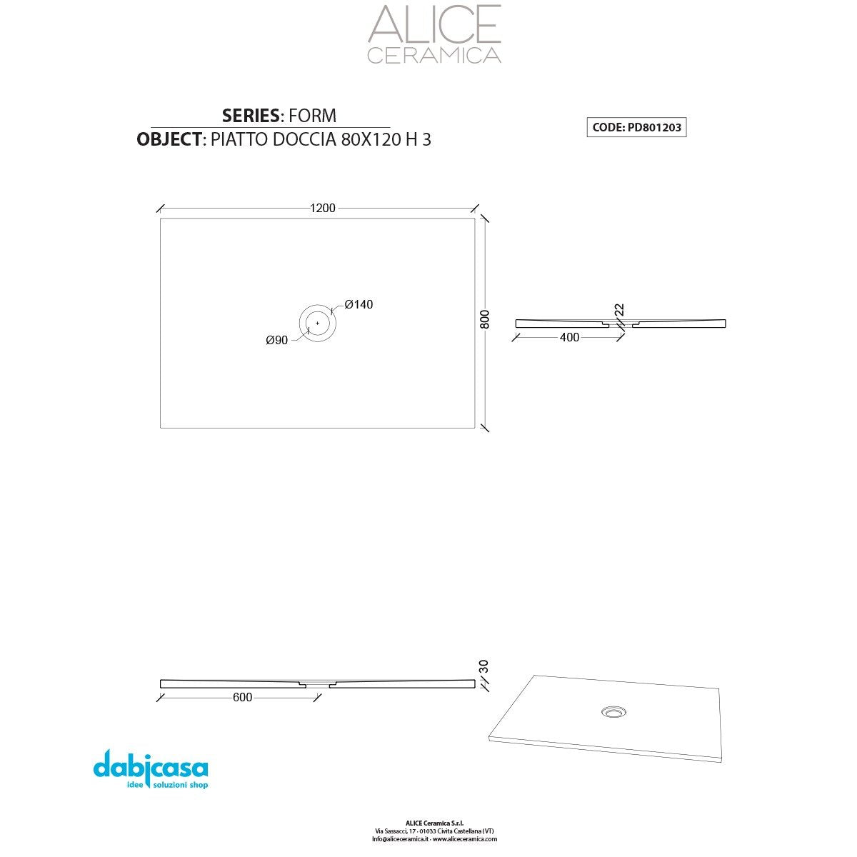 Piatto Doccia Alice Ceramica "Serie Form" 80x120 cm 3H Colore Bianco Opaco freeshipping - Dabicasa