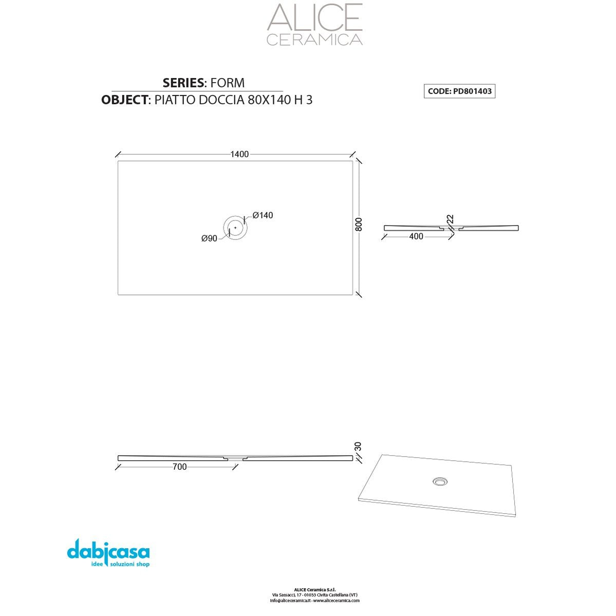 Piatto Doccia Alice Ceramica "Serie Form" 80x140 cm h 3 Colore Grigio Opaco freeshipping - Dabicasa