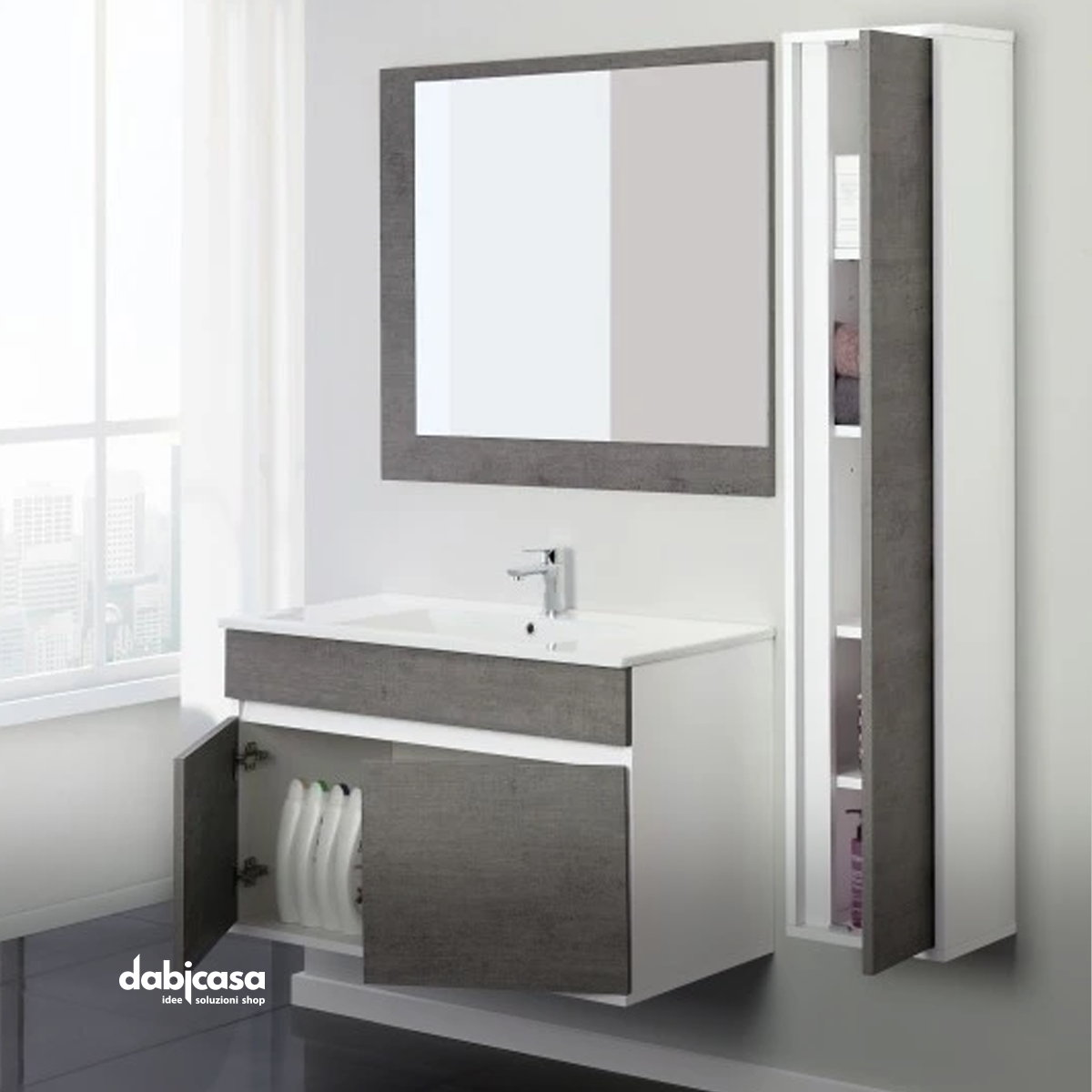 Mobile bagno sospeso Alfa da 120 140 o 160 cm con 2 cassettoni per lavabo  singolo o doppio, specchio incluso