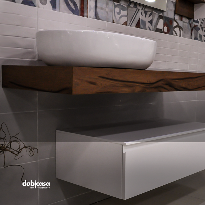 MOBILE BAGNO "JEY" SOSPESO SFALSATO COLORE NODATO TABACCO E BASE 1 CASSETTO BIANCO freeshipping - Dabicasa