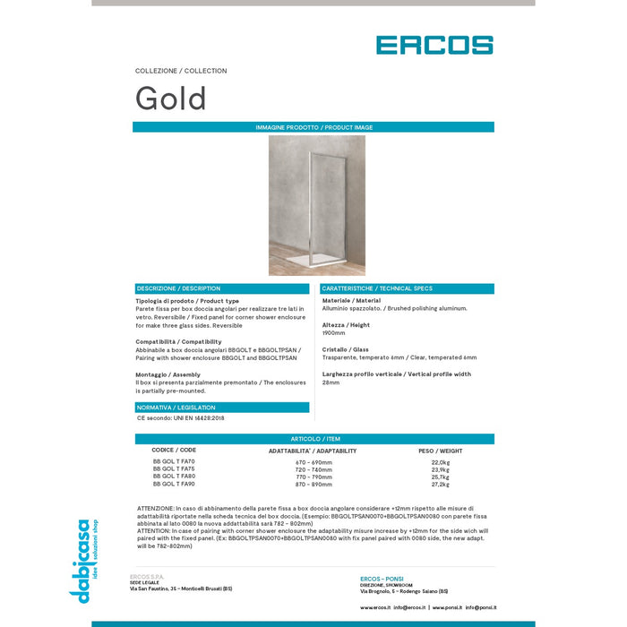 Box doccia "Gold" Parete fissa da 70 cm cristallo trasparente da 6 mm per box doccia angolare scorrevole freeshipping - Dabicasa