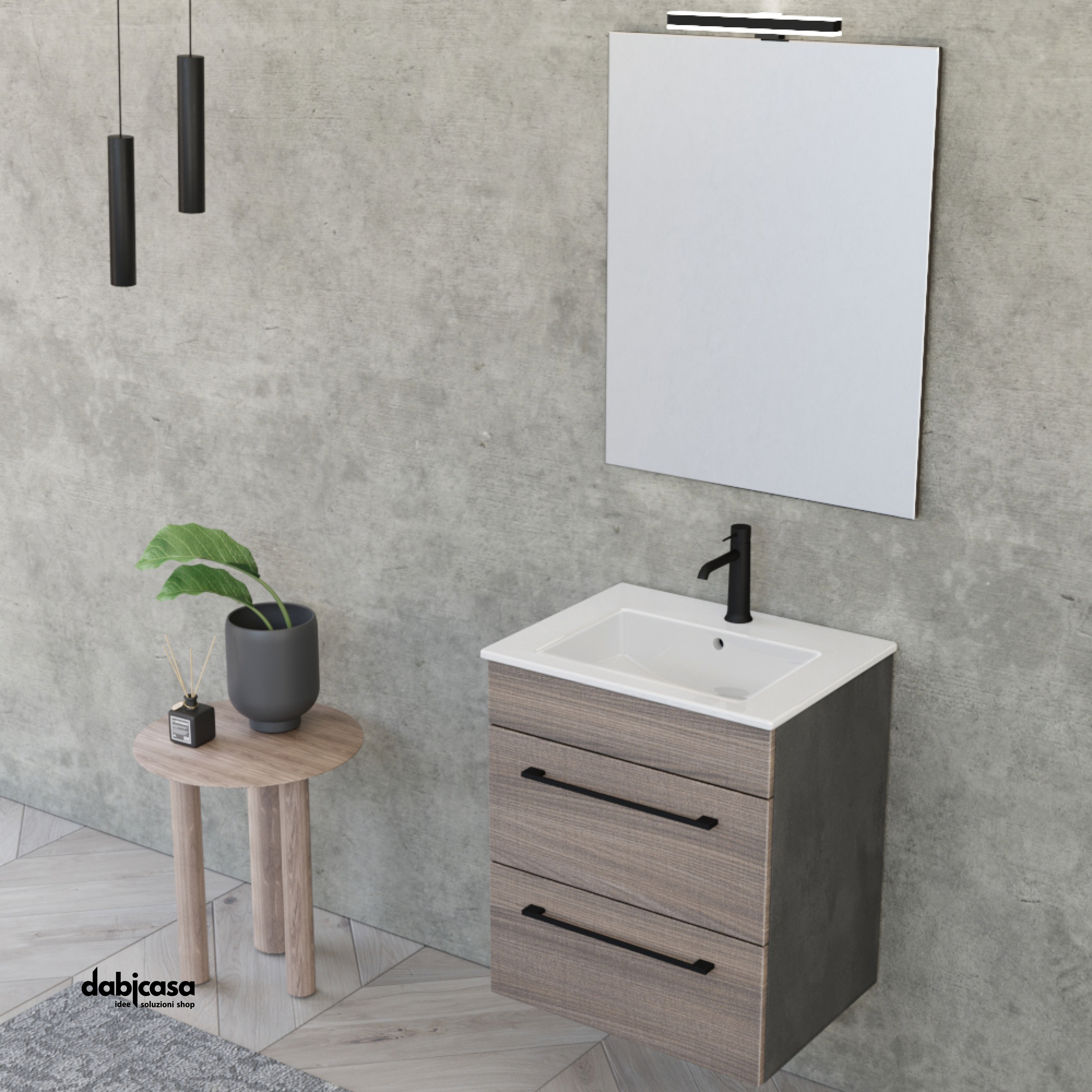 Mobile Bagno Sospeso "Unit Two" Da 55 Cm Composto Da Due Cassetti Finitura Medium Elm/Cemento