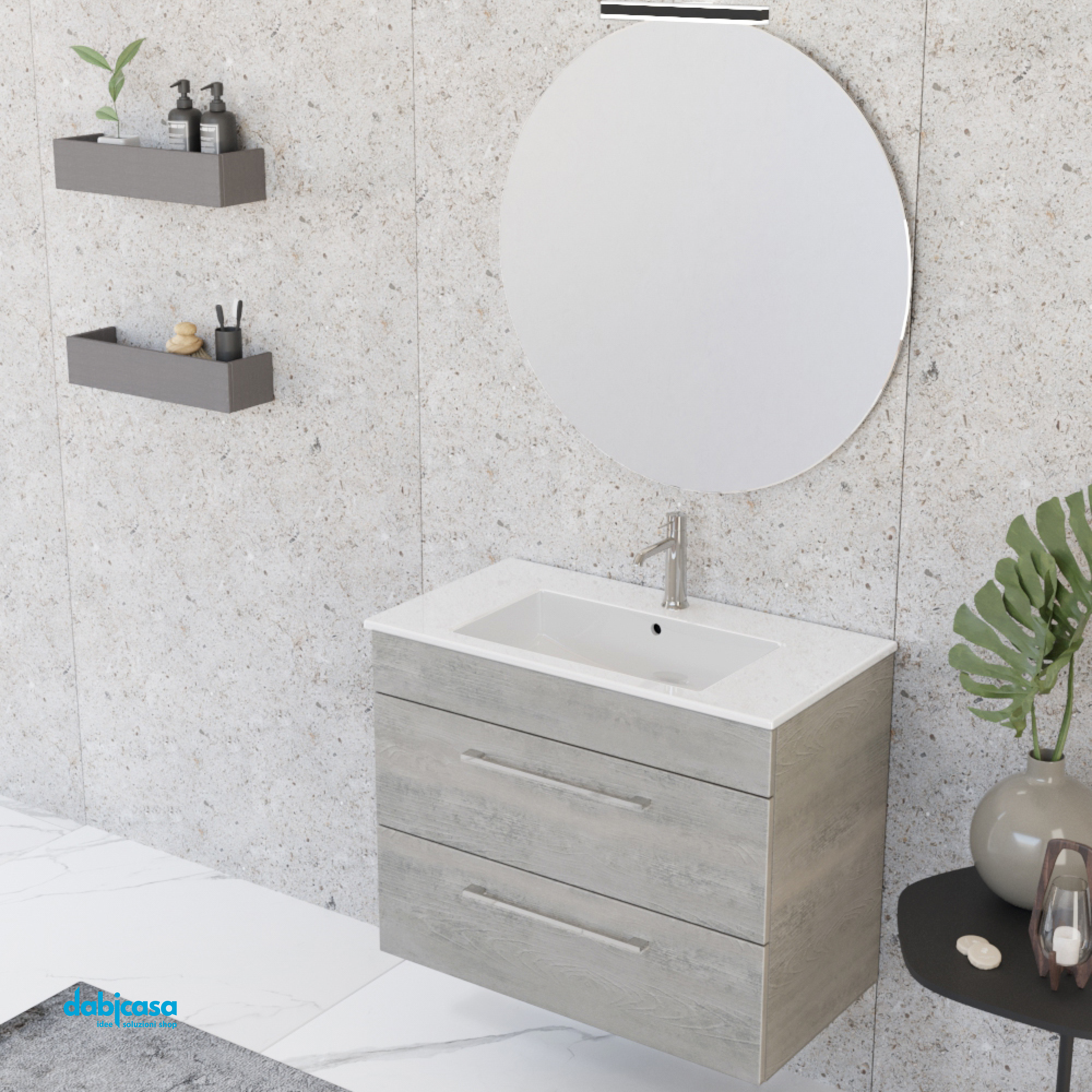 Mobile Bagno Sospeso "Unit Three" Da 81 Cm Composto Da Due Cassetti Finitura Cemento Wood