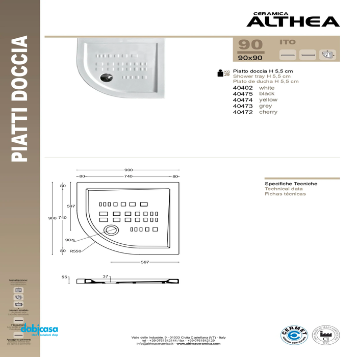 Althea "Ito" Piatto Doccia in Ceramica Bianco Angolare  90x90 h.5,5