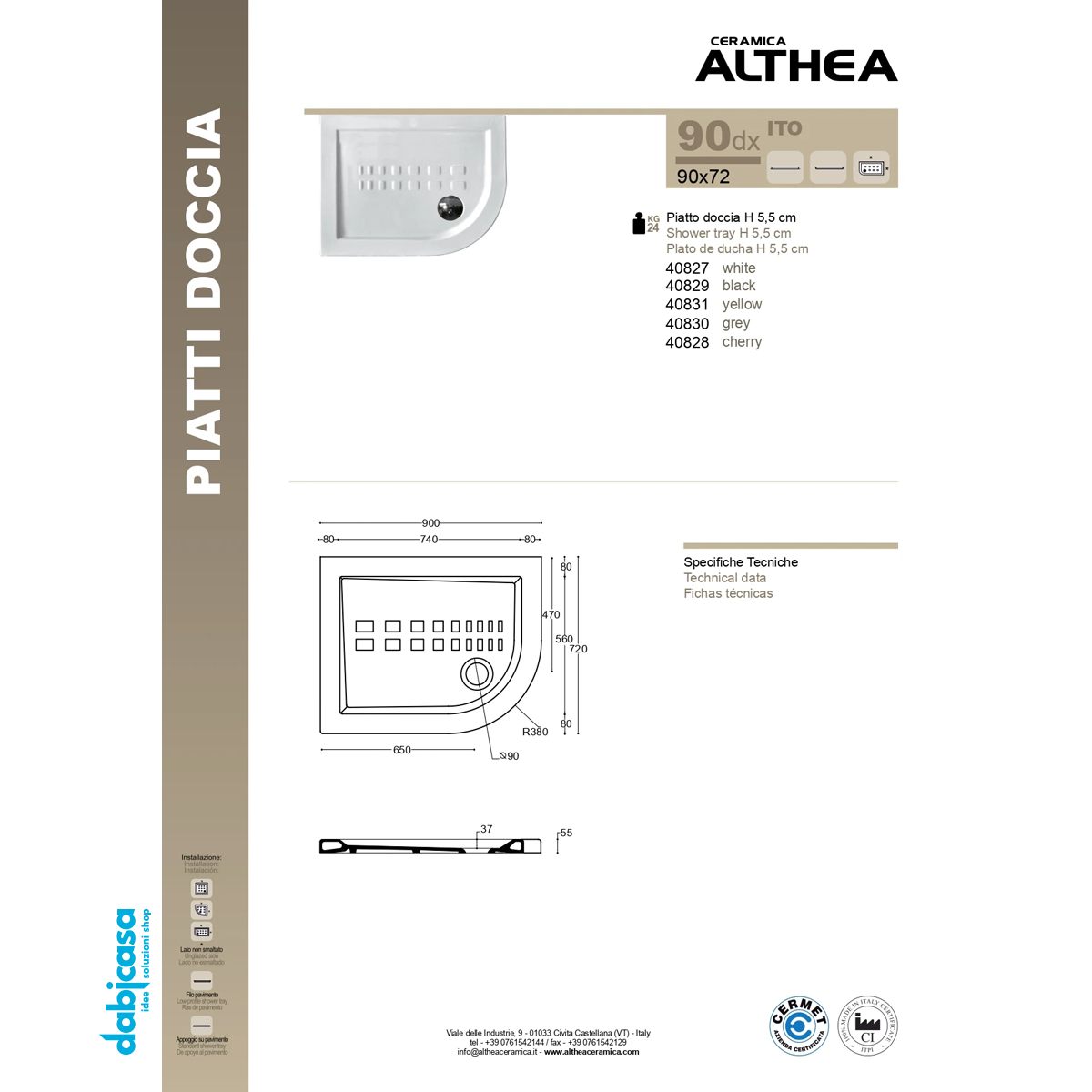 Althea "Ito" Piatto Doccia in Ceramica Bianco Semi-circolare 72x90 h.5,5 vs dx freeshipping - Dabicasa