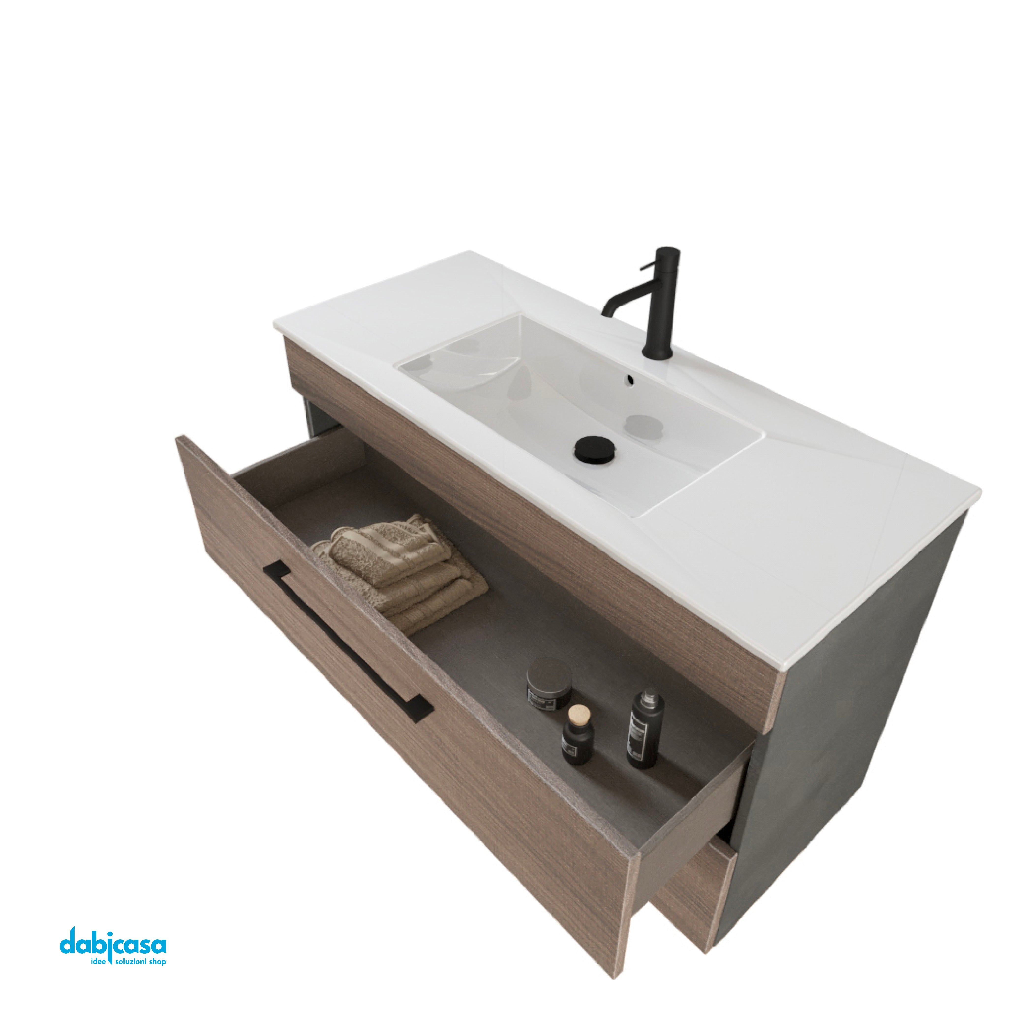 Mobile Bagno Sospeso "Unit Six" Da 100 Cm Composto Da Due Cassetti Finitura  Medium Elm/Cemento Grigio Lava