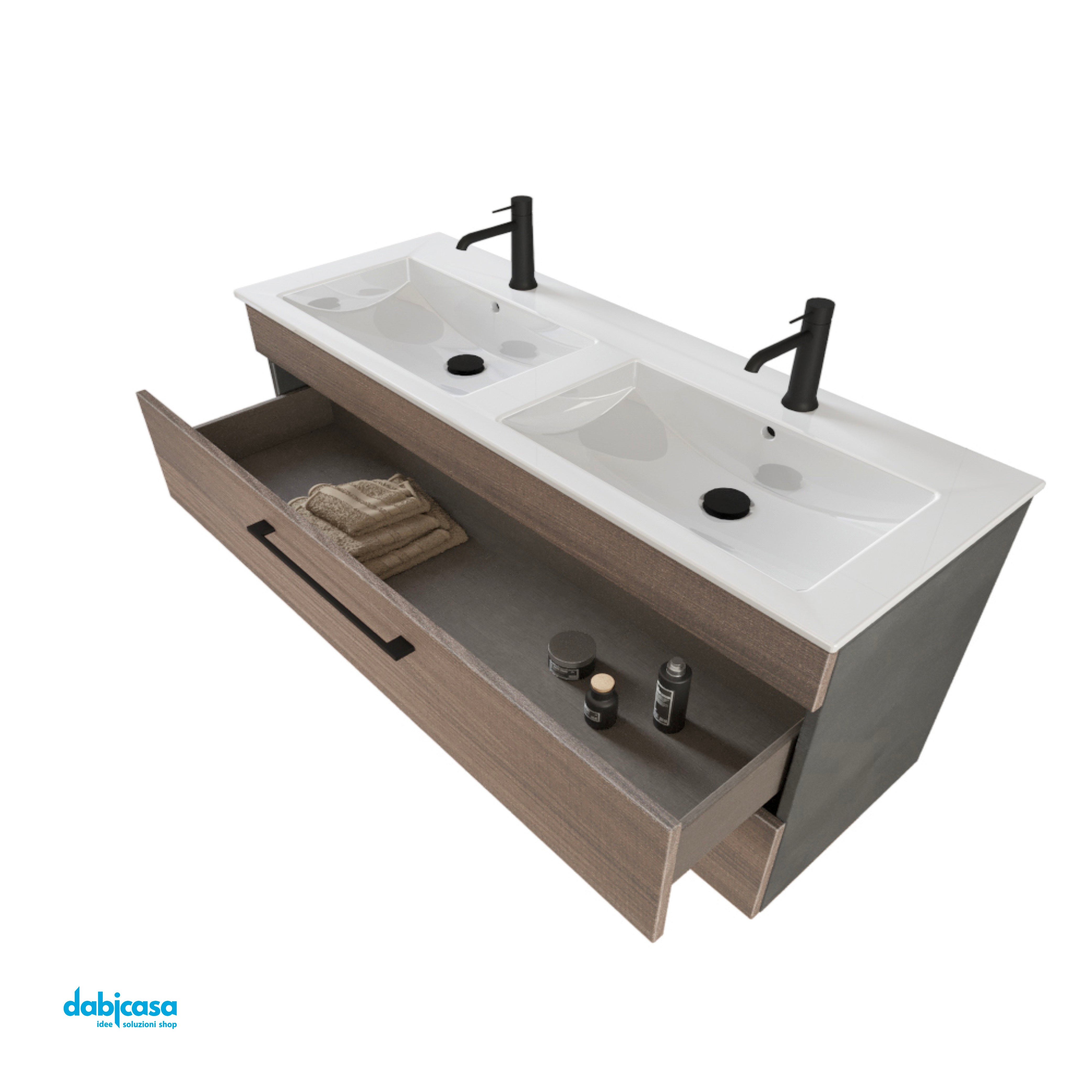 Mobile Bagno Sospeso "Unit Seven" Da 118 Cm Composto Da Due Cassetti e Doppia Vasca Finitura White Elm