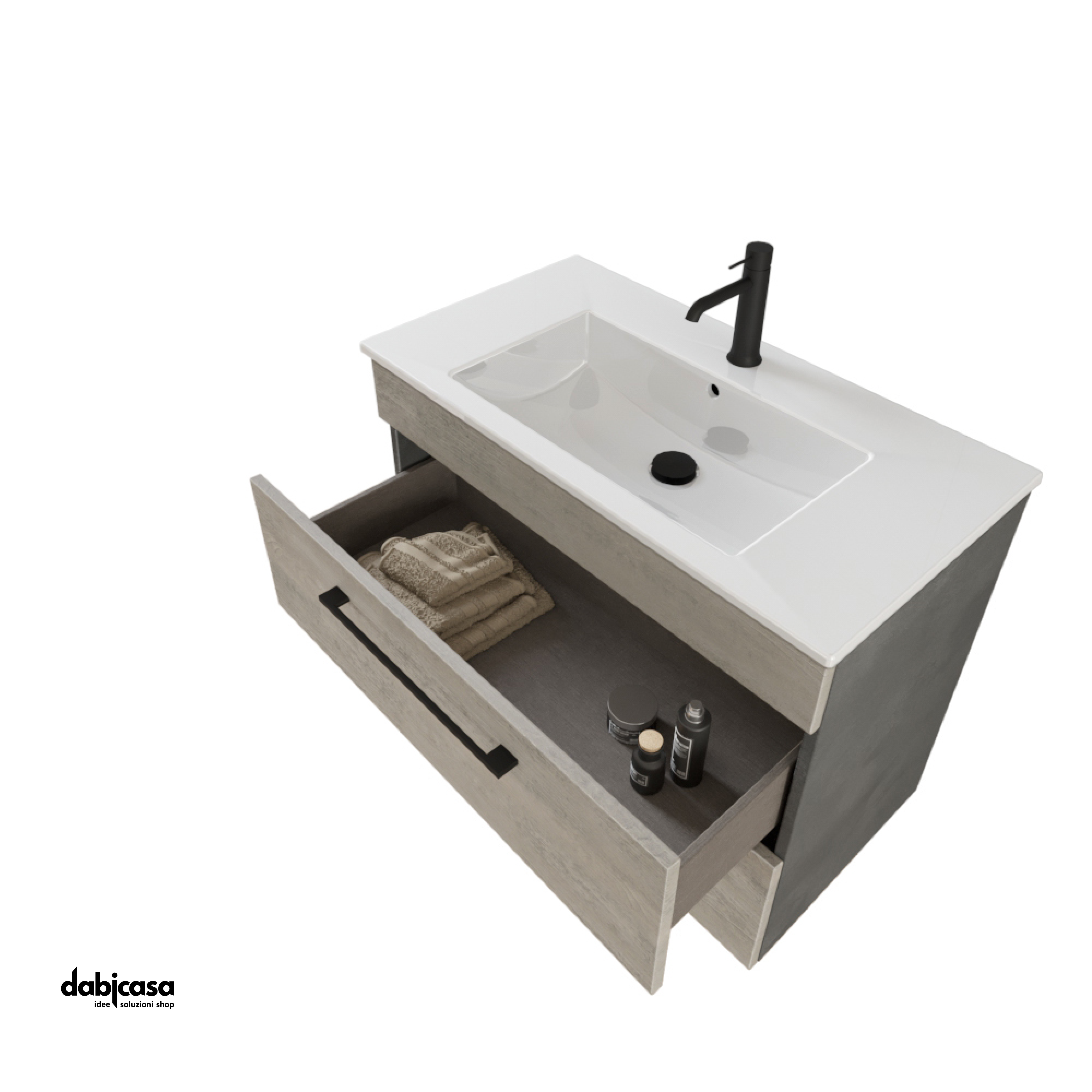 Mobile Bagno Sospeso "Unit Four" Da 81 Cm Composto Da Due Cassetti Finitura Cemento Wood/Cemento Grigio Lava