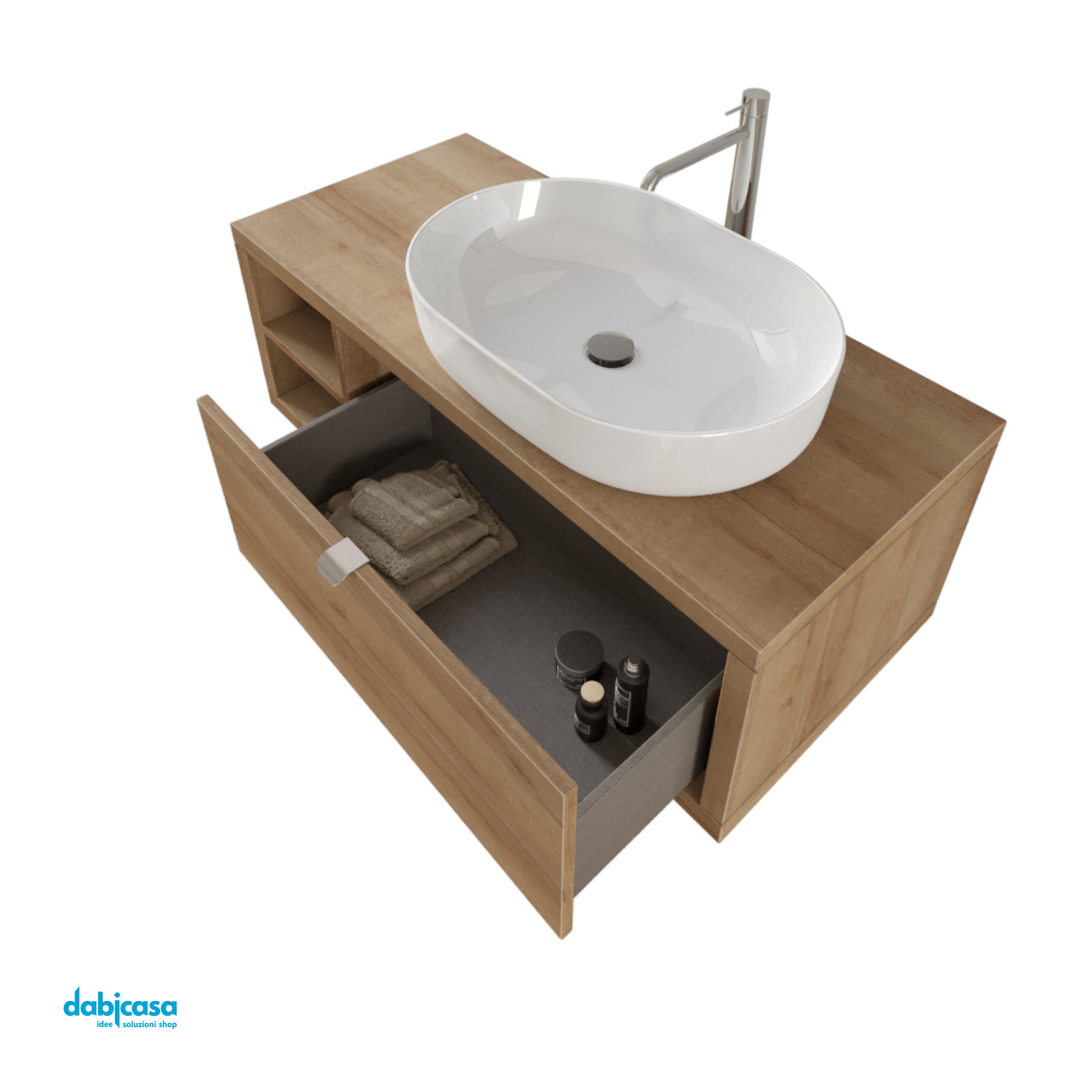 Mobile Bagno Sospeso "Unit Six" Da 110 Cm Composto Da Un Cassetto Ed Un Vano a Giorno Finitura Rovere Farnia