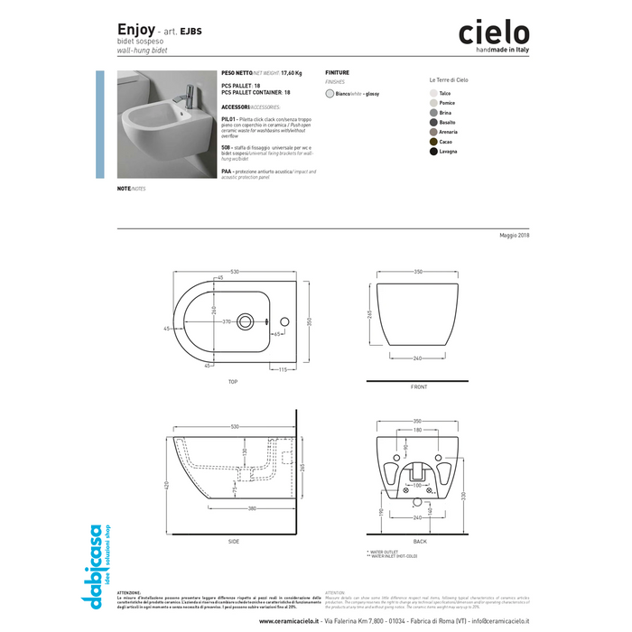 Cielo "Enjoy" Sospeso Coppia Di Sanitari Filoparete Colore Bianco Lucido S/Brida freeshipping - Dabicasa