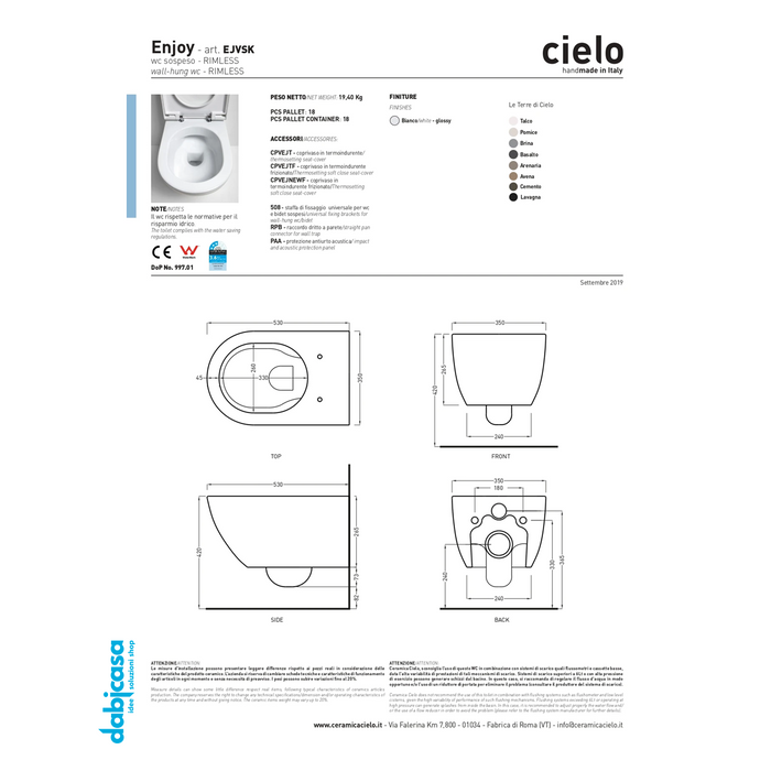 Cielo "Enjoy" Sospeso Coppia Di Sanitari Filoparete Colore Bianco Lucido S/Brida freeshipping - Dabicasa