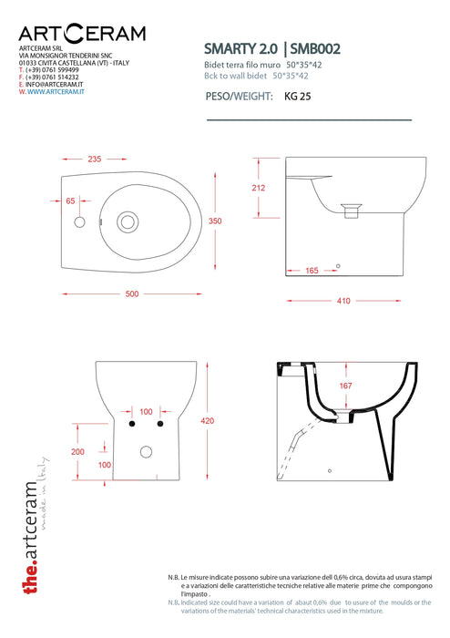 The ArtCeram "Smarty 2.0 " Bidet terra filo parete bianco lucido freeshipping - Dabicasa