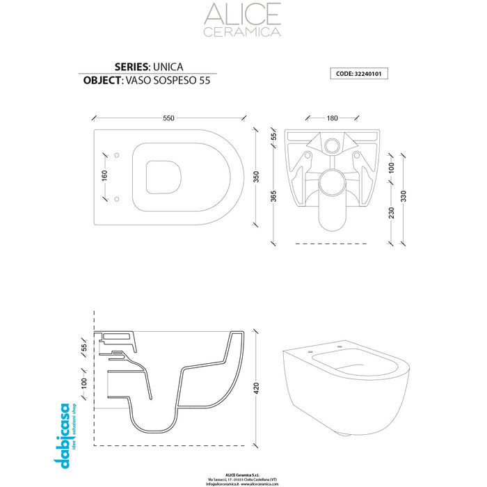 Alice Ceramica "Unica" Wc sospeso filo parete da 55 cm Bianco Opaco s/brida freeshipping - Dabicasa